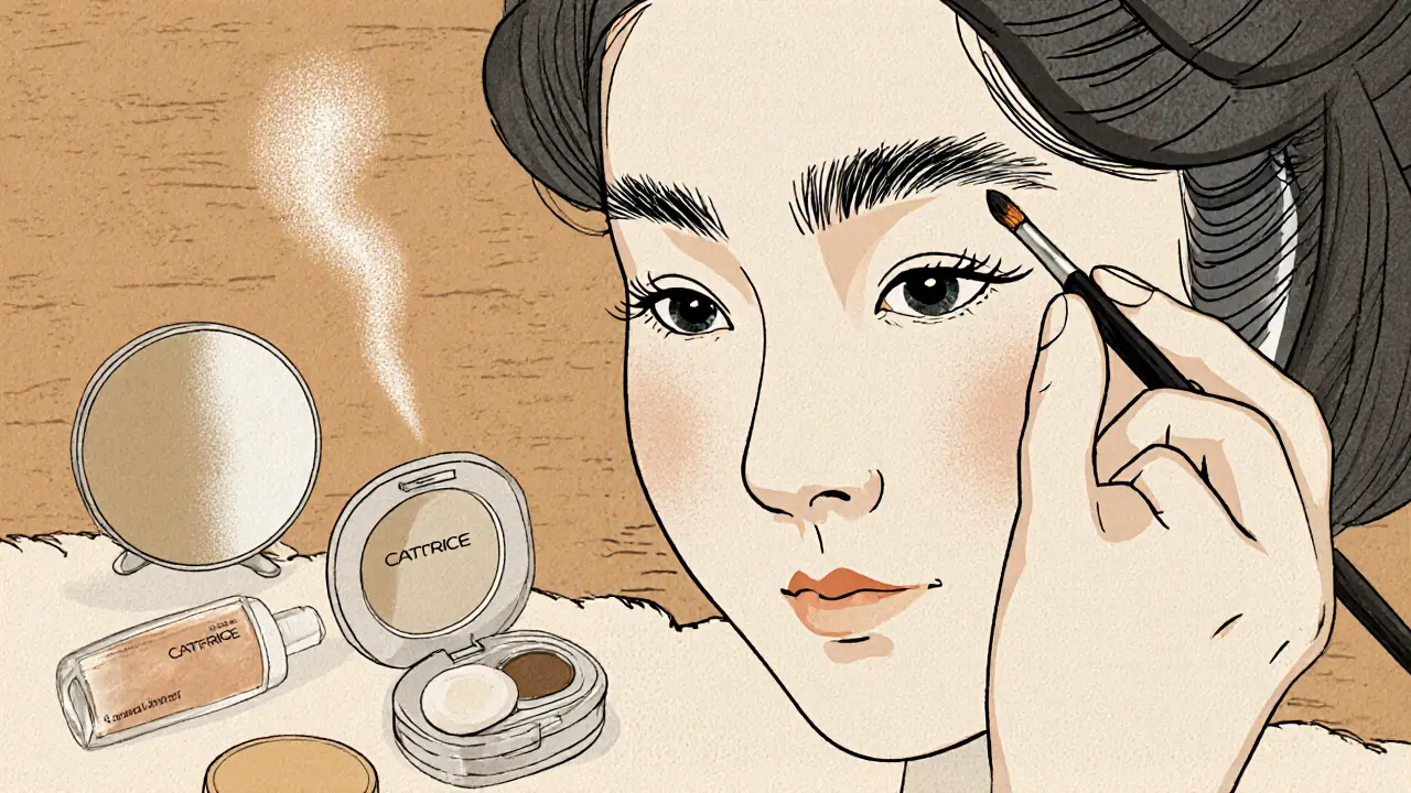 Рука наносит тени для бровей тонкой кисточкой с естественными штрихами.