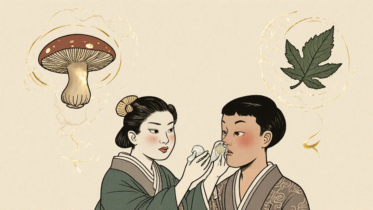 Японский дерматолог наносит крем, а над ним парят духи гриба и листа, убирающие пигментацию.