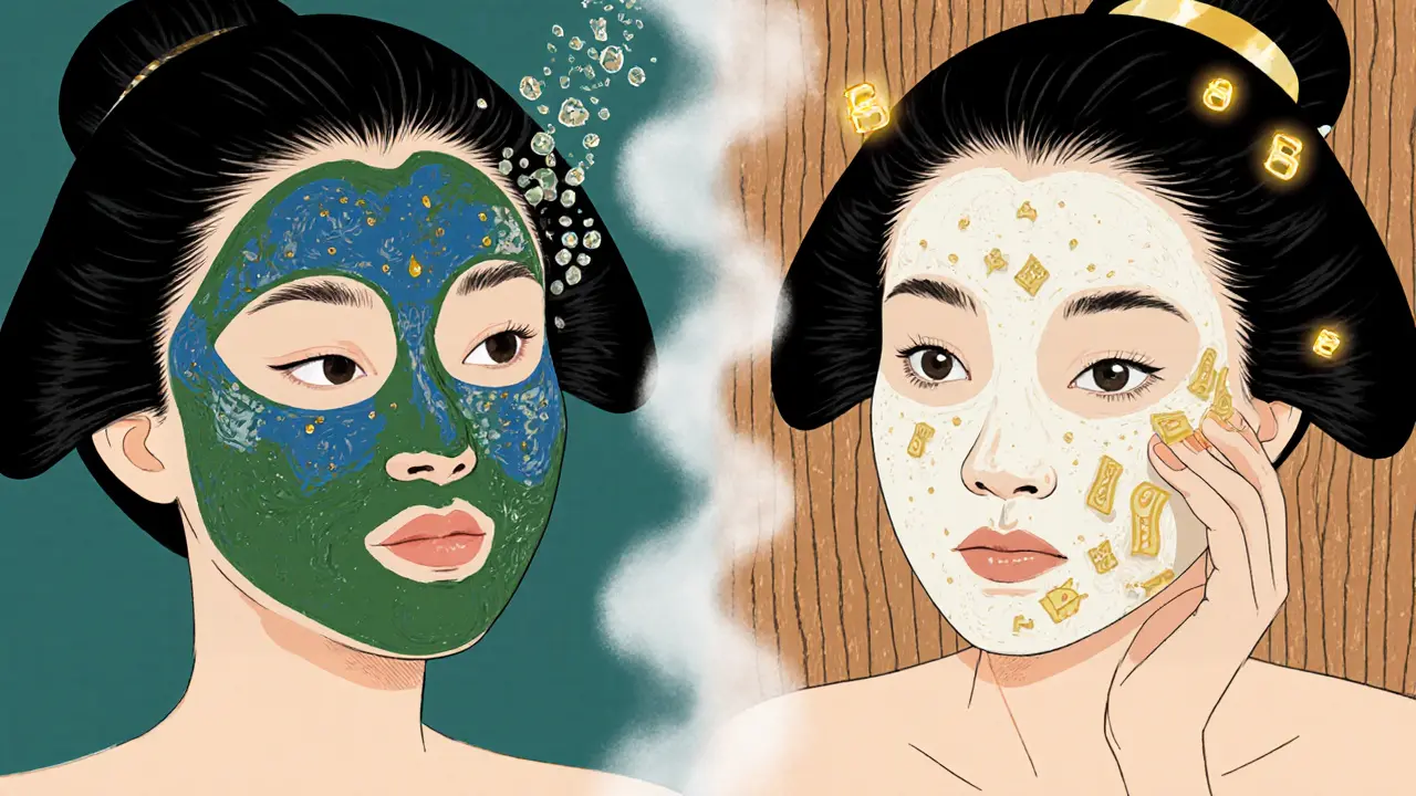 Две женщины: одна с маской из глины, другая с кремовой маской — символизируют разные типы кожи.