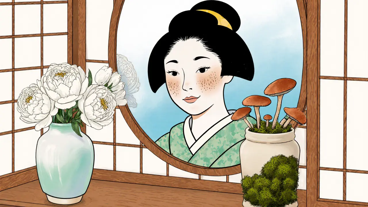 Керамические сосуды с грибами и пионами рядом с зеркалом, отражающим исчезающие пятна, в японском стиле.