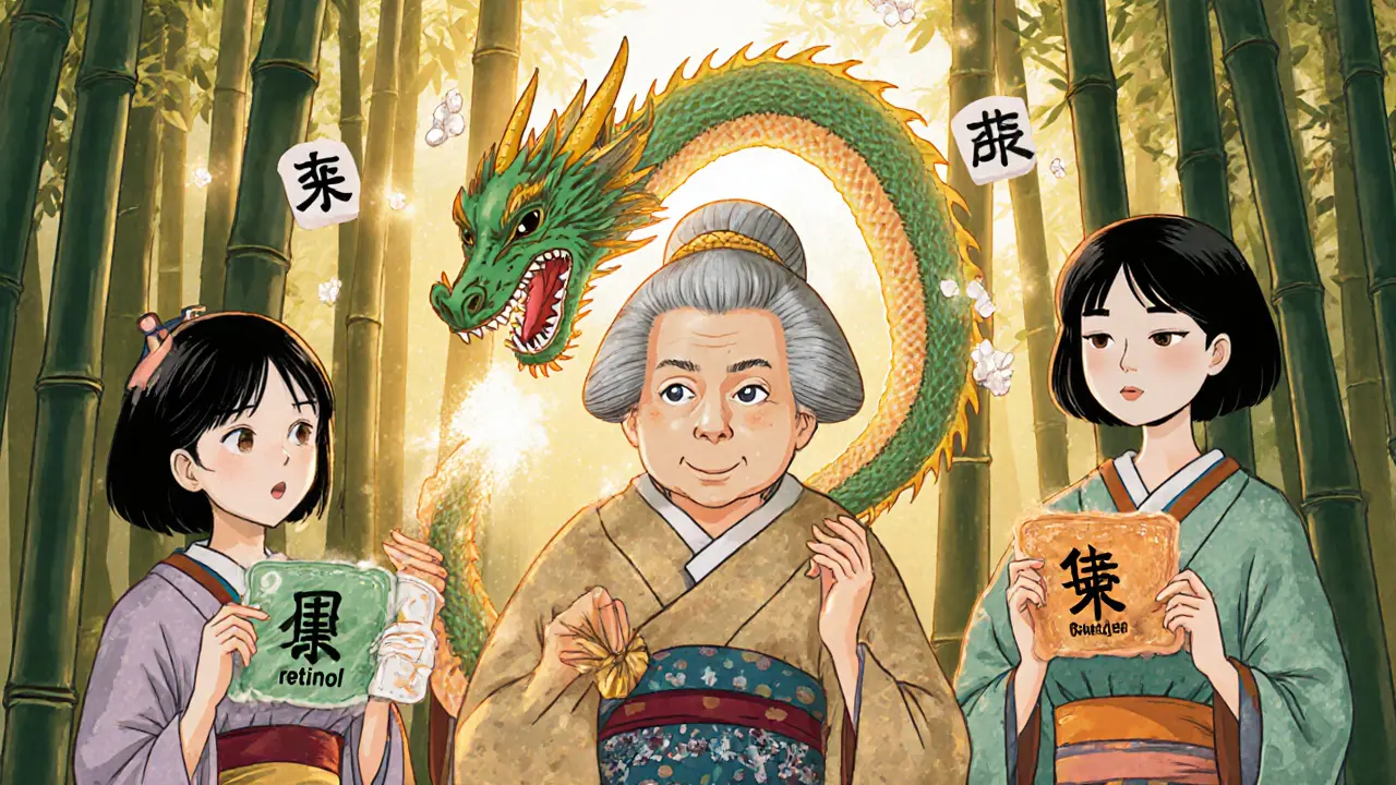 Пожилая женщина с маской-драконом из пептидов, вокруг — разрушающиеся маски с коллагеном.