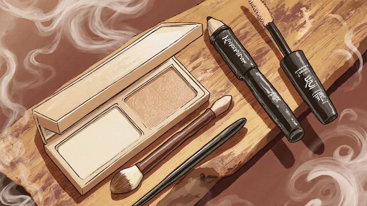 Три основных средства для макияжа глаз: тени, карандаш и тушь на деревянной поверхности.