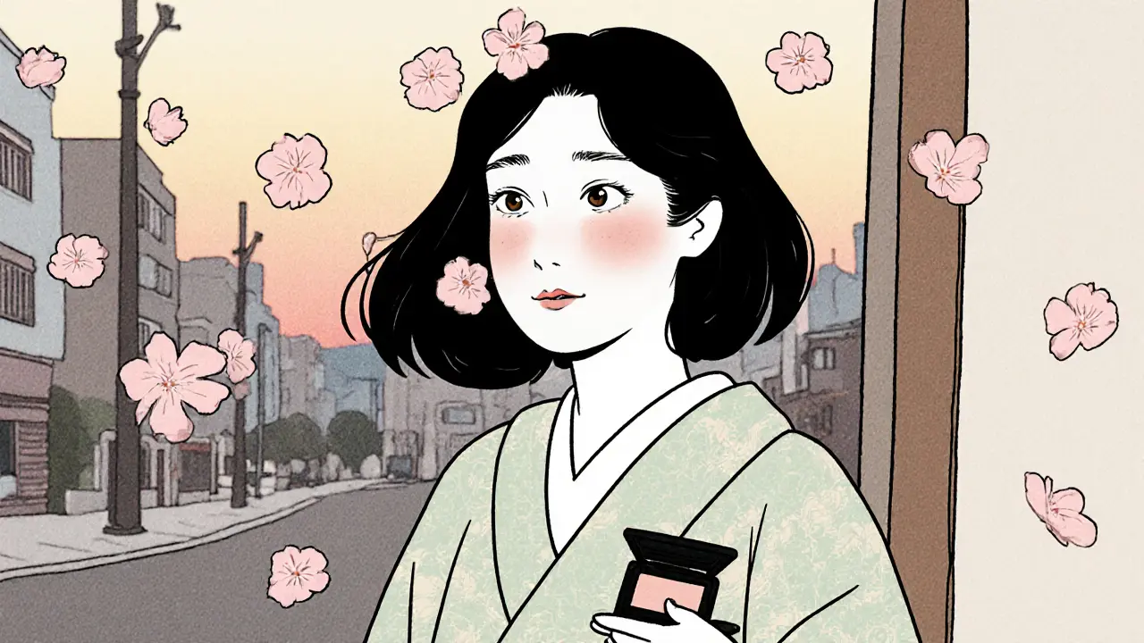 Женщина выходит из дома с миниатюрной косметичкой, вокруг летят лепестки сакуры.