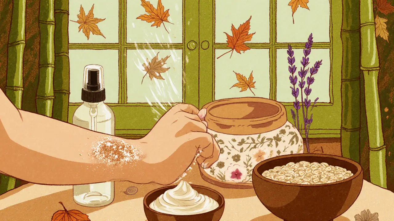 Ритуал ухода за телом: скраб, тоник и крем, окружённые природными элементами — бамбуком, лавандой и овсянкой, осенние листья за окном.