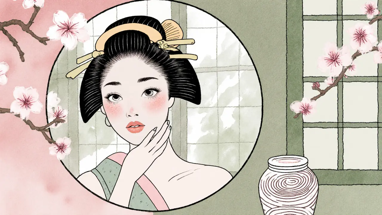 Женщина наносит лосьон на влажную кожу сразу после душа, рядом стоят керамические флаконы и цветущие ветви сакуры.