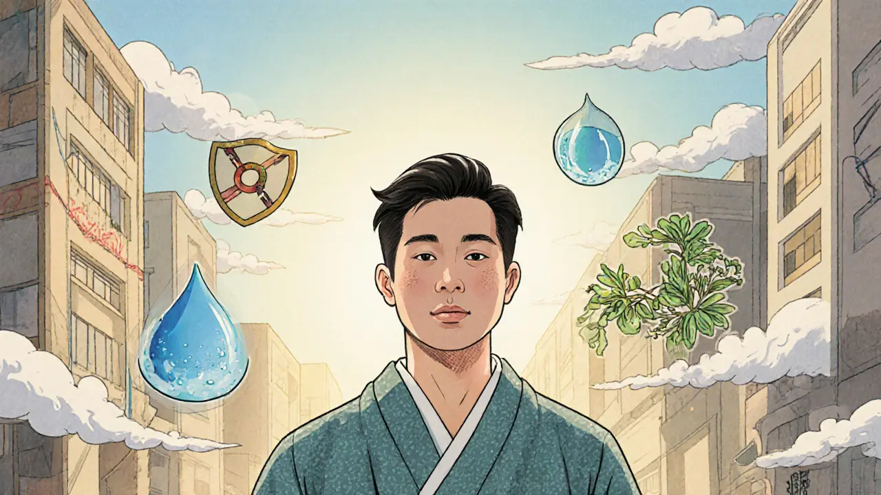 Мужчина идет по городу с естественно здоровой кожей, вокруг него символы защиты и восстановления кожи.