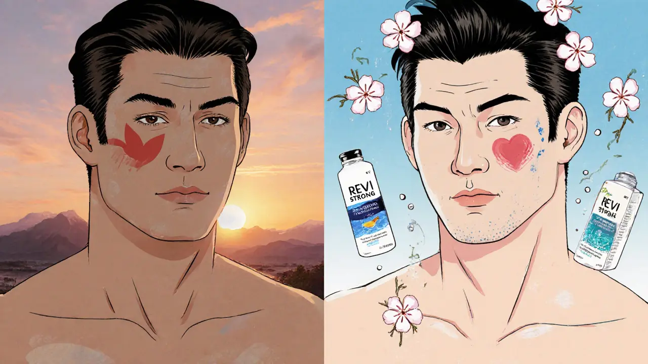 Сравнение мужской кожи до и после биоревитализации: жирный блеск и раздражение против гладкого, равномерного тона.