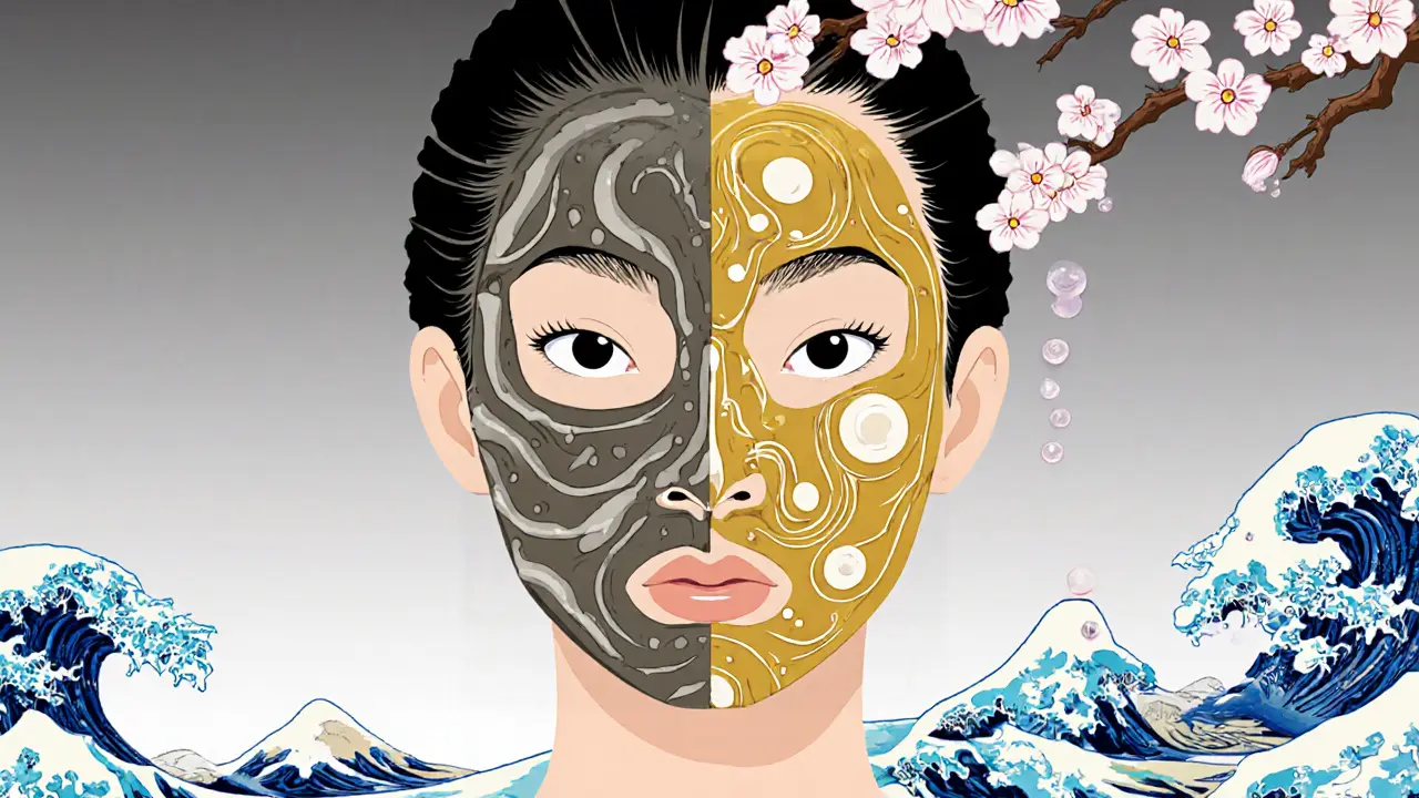 Разделённое лицо: одна сторона с глиняной маской, другая — с масляной, в стиле японской гравюры с волнообразным фоном.