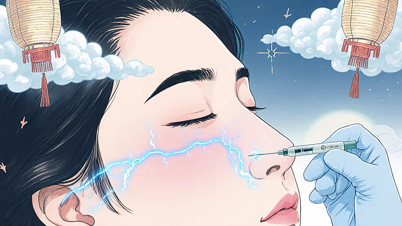 Тонкая игла вводит анестетик в щеку, с визуализацией нервных путей в стиле укиё-э.