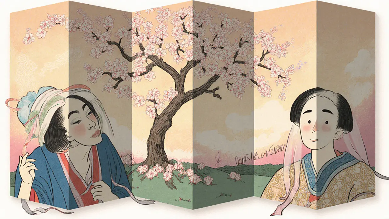 Три метода обезболивания изображены как панели в традиционном японском экране с цветущей вишней.