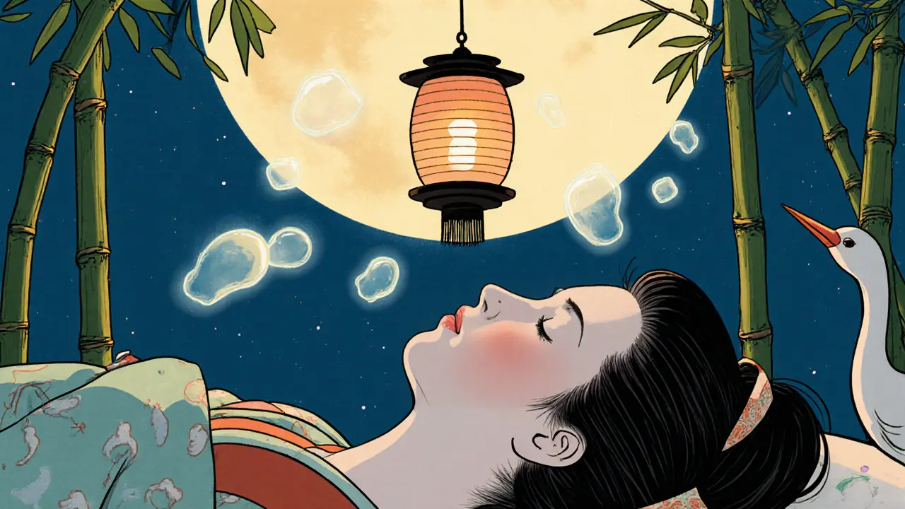 Женщина спит на спине под фонариком, мигрирующий филлер уходит в тень, фон с журавлями.