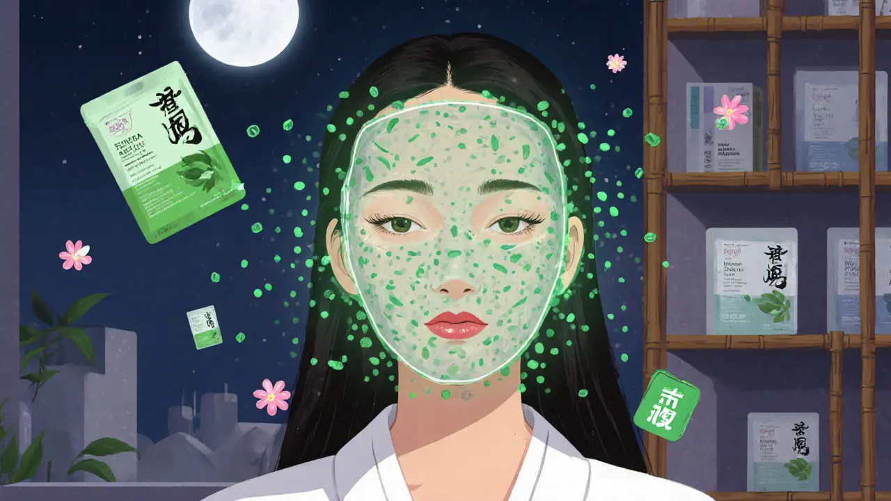 Женщина в гидрогелевой маске с голограммами анализа кожи, вокруг — экологичная упаковка и бамбуковые полки в укиё-э стиле.