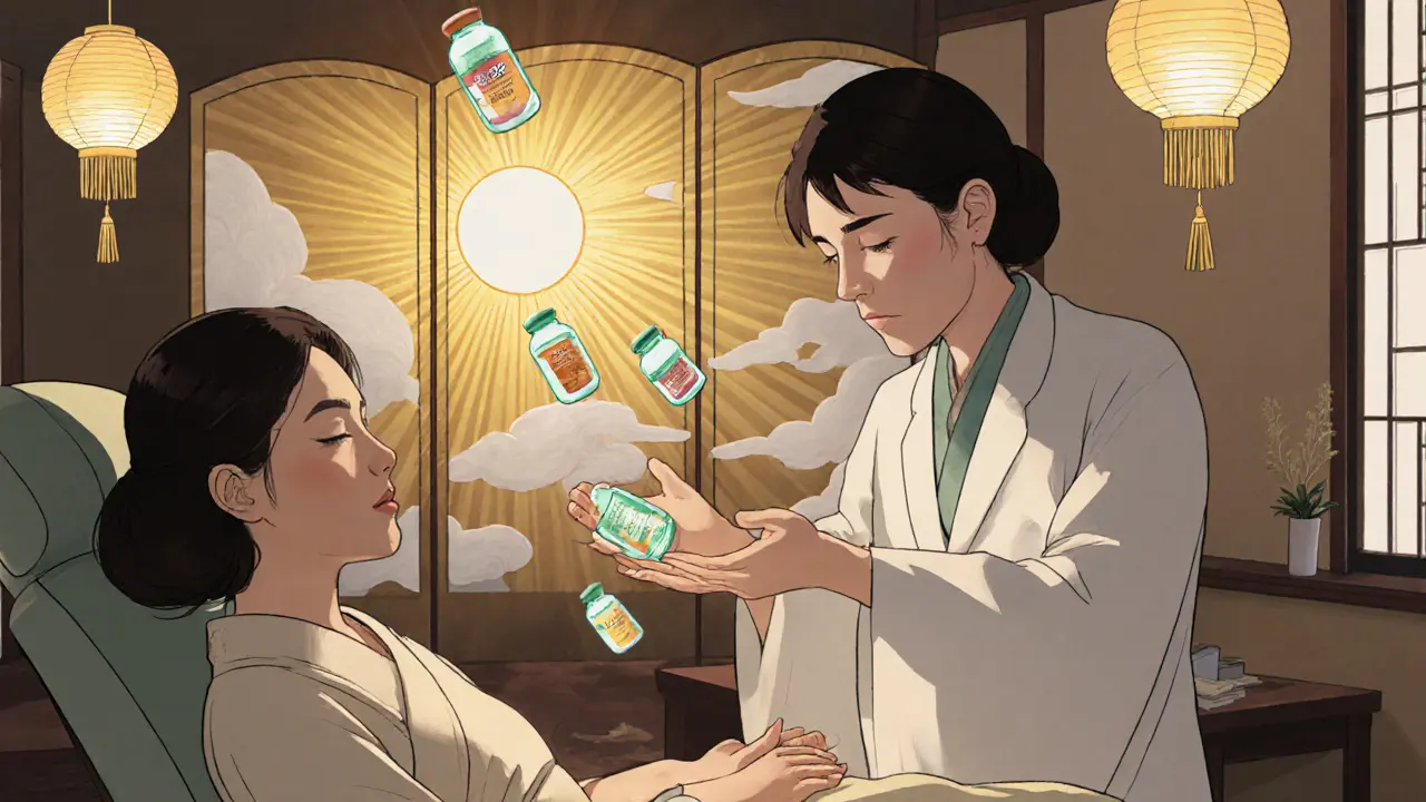 Дерматолог проводит мезотерапию рук, вокруг — светящиеся флаконы с витаминами в японском стиле.