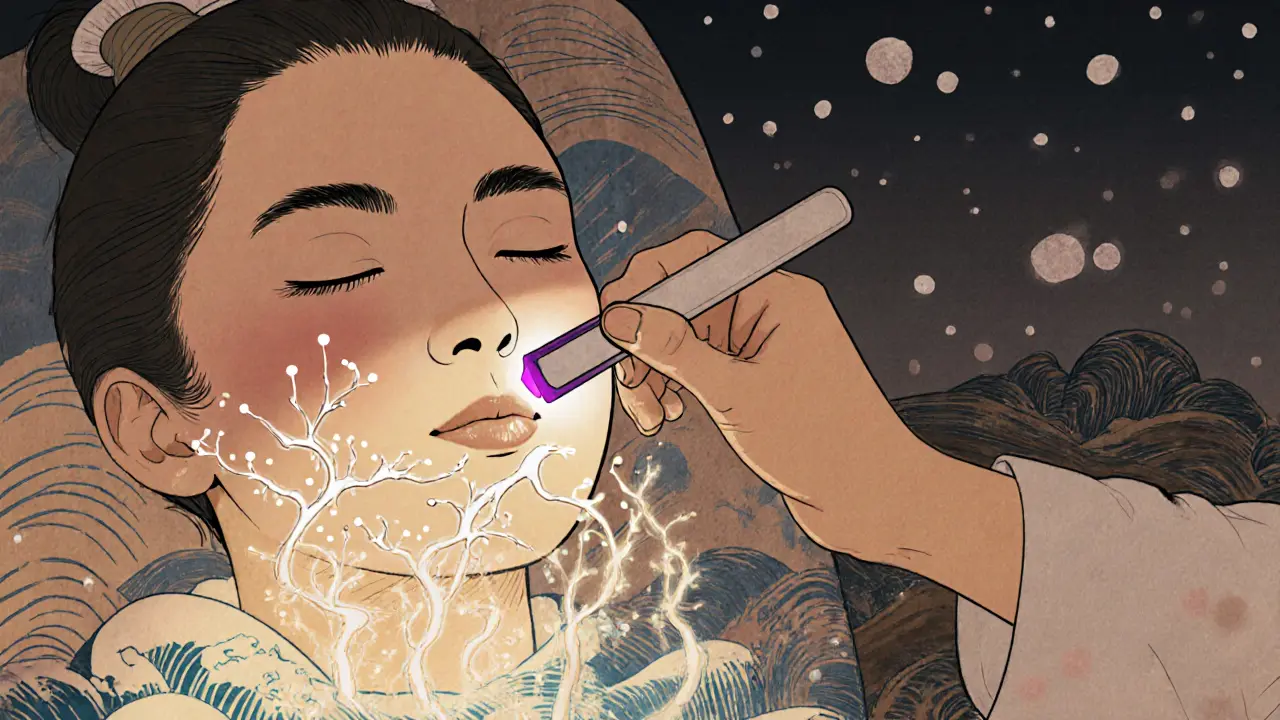 Косметолог проводит лазером по лицу, а гиалуроновая кислота распределяется глубоко в коже, как светящиеся узоры.