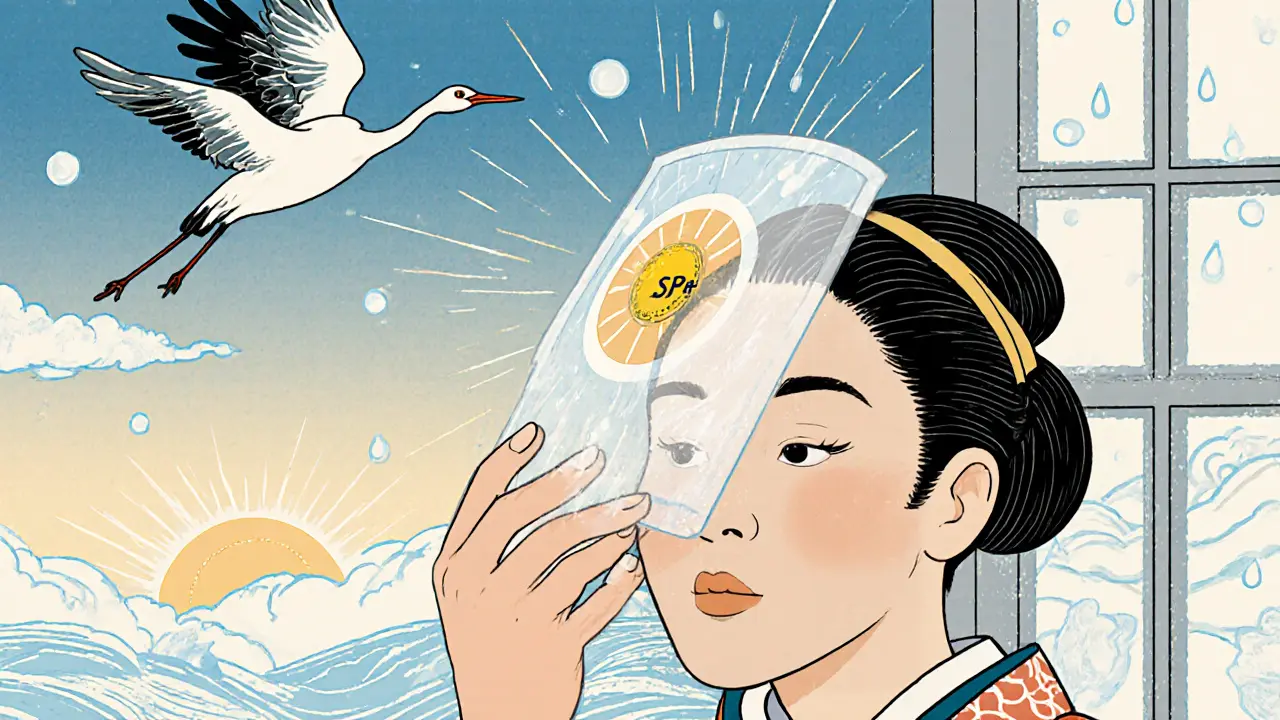 Нанесение SPF утром как защитный щит, солнечные лучи проходят сквозь облака, вокруг — символы долголетия.
