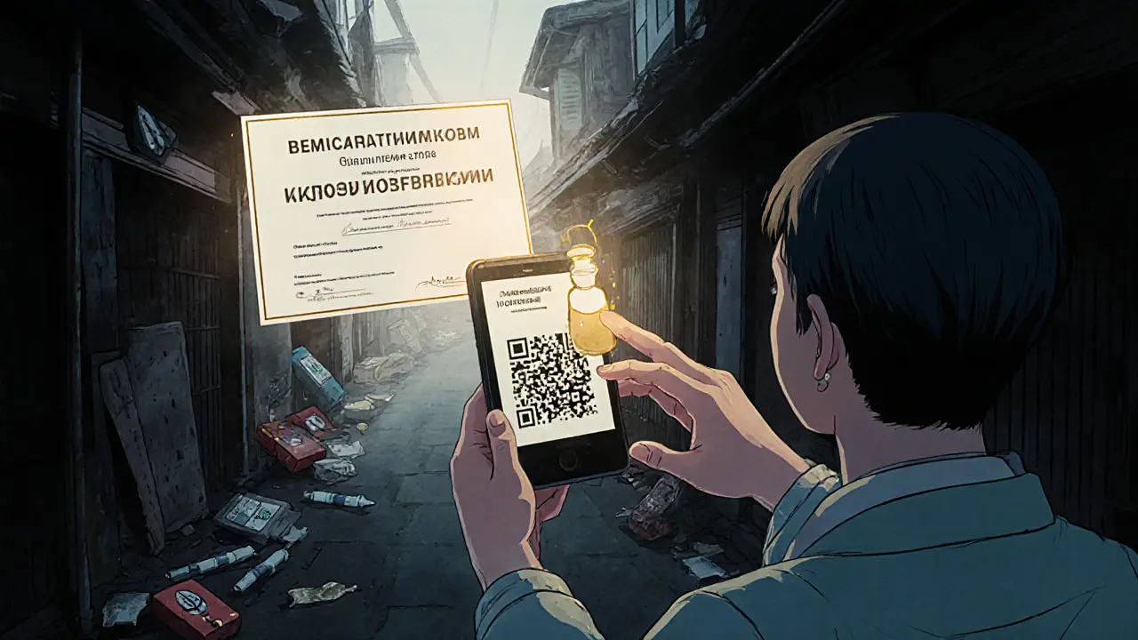 Пациент сканирует QR-код, и появляется цифровой сертификат, фон — подделки в тумане, в стиле укиё-э.