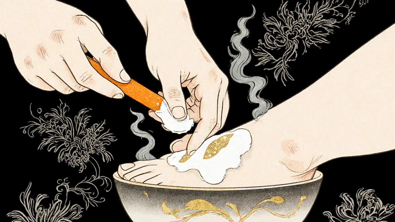 Руки аккуратно отодвигают кутикулу апельсиновой палочкой, рядом — крем с кератолитиком и пар, подчёркивающий безопасность процедуры.