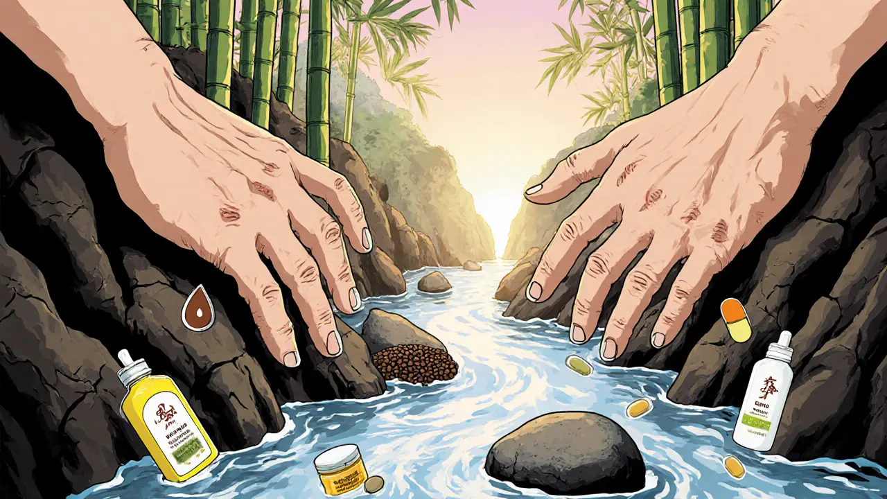 Руки превращаются из старых в молодые, как река, окружённая натуральными ингредиентами в стиле укиё-э.