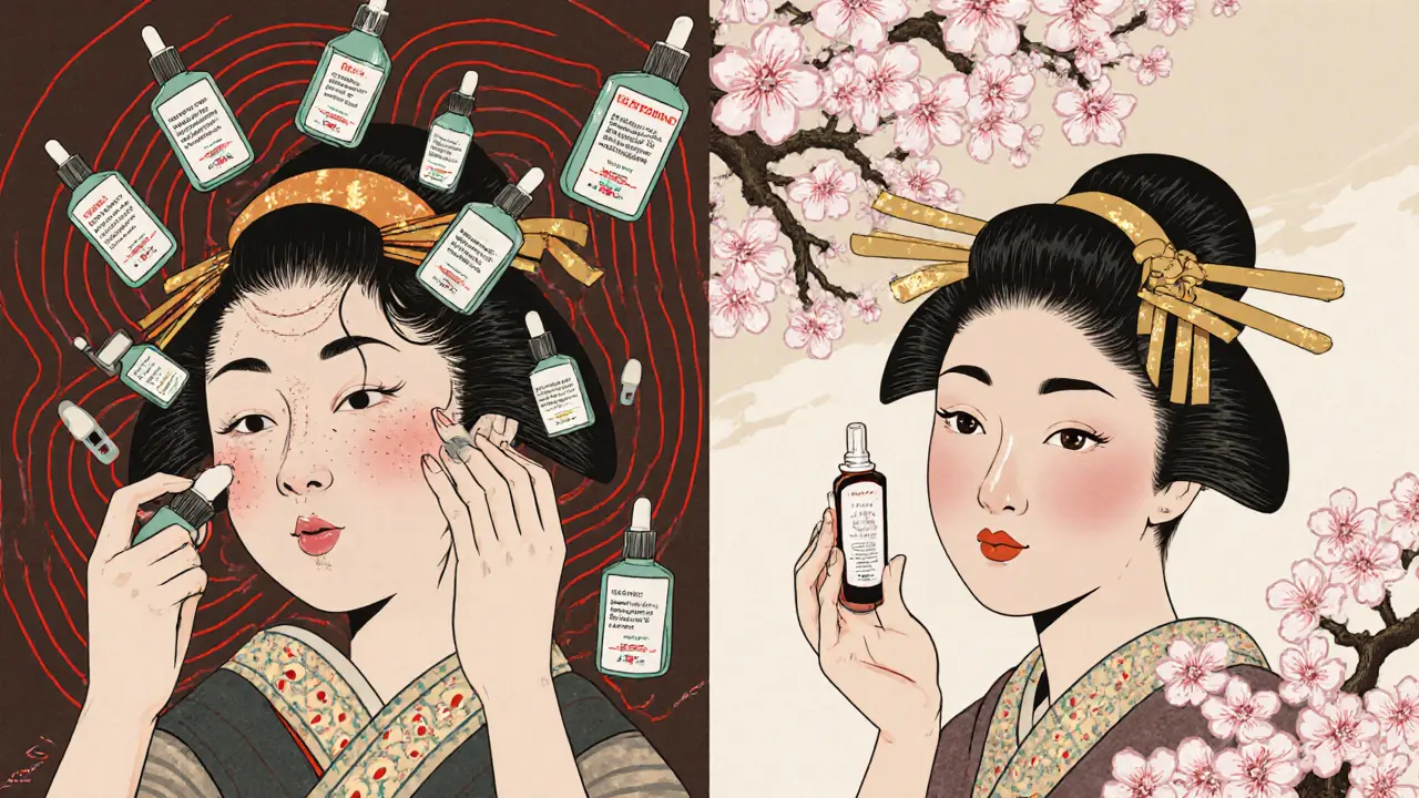 Сравнение: хаотичный уход с множеством активов против правильного — с одним активом и сияющей кожей.