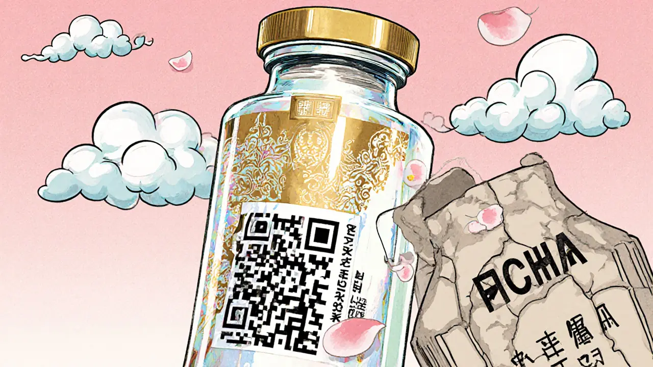 Сравнение настоящего и поддельного флакона для инъекций с деталями упаковки, в стиле укиё-э.