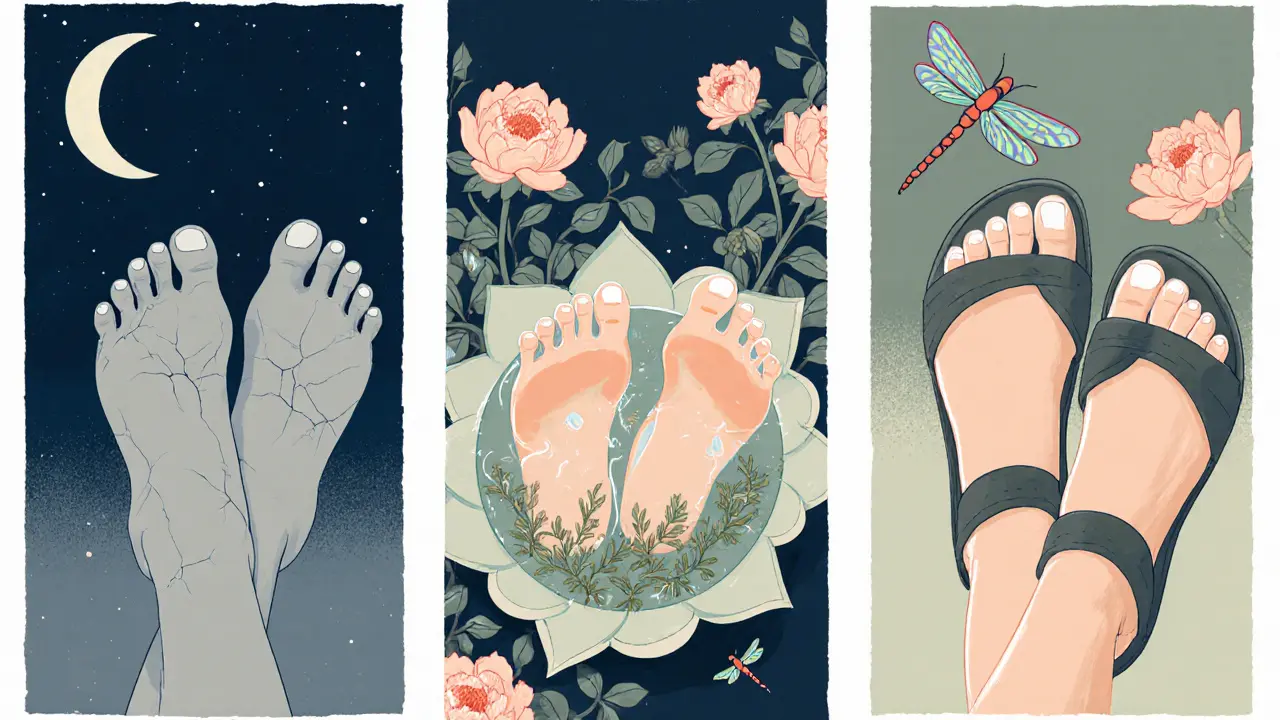 Три сцены ухода за ногами: треснувшая кожа, ванночка с травами и гладкие стопы в сандалиях, символизирующие преображение через регулярный уход.