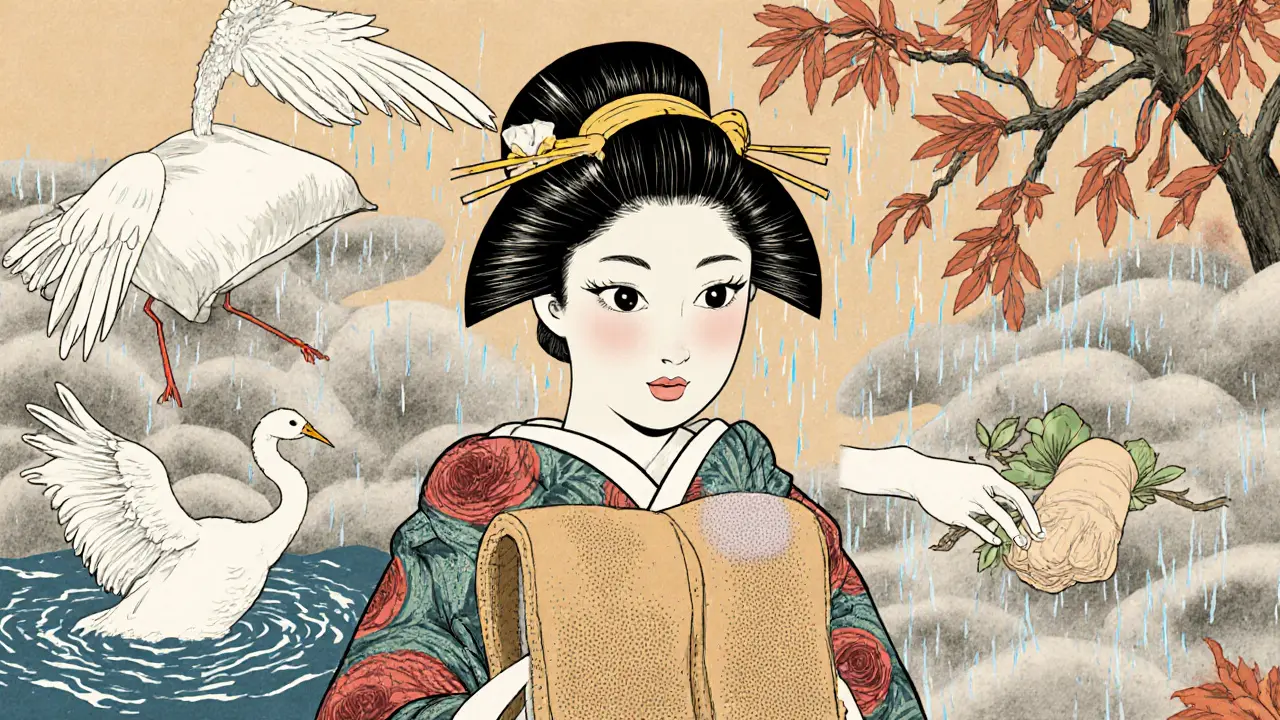 Три символа заботы о коже глаз: шелк, масло и мягкая ткань, бережно обнимающие глаза, как цветы лотоса.