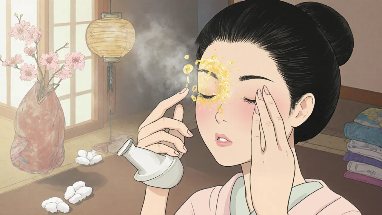 Женщина аккуратно наносит масло на кожу вокруг глаз безымянным пальцем, в тихой атмосфере восточного интерьера.