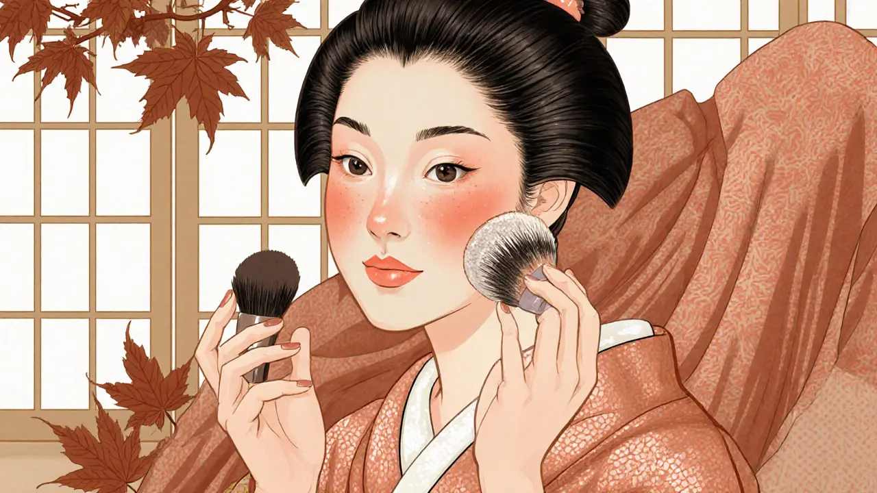 Женщина наносит персиковый румянец мягкой кистью, кожа светится тёплым сиянием.
