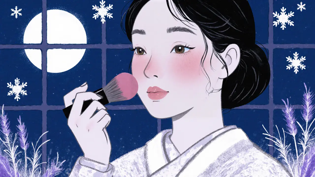 Женщина наносит пыльно-розовый румянец при лунном свете, зимняя атмосфера.