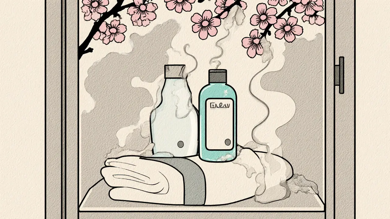 Миниатюрный уходовый набор в спортивной сумке, сакура и туман вокруг средств.