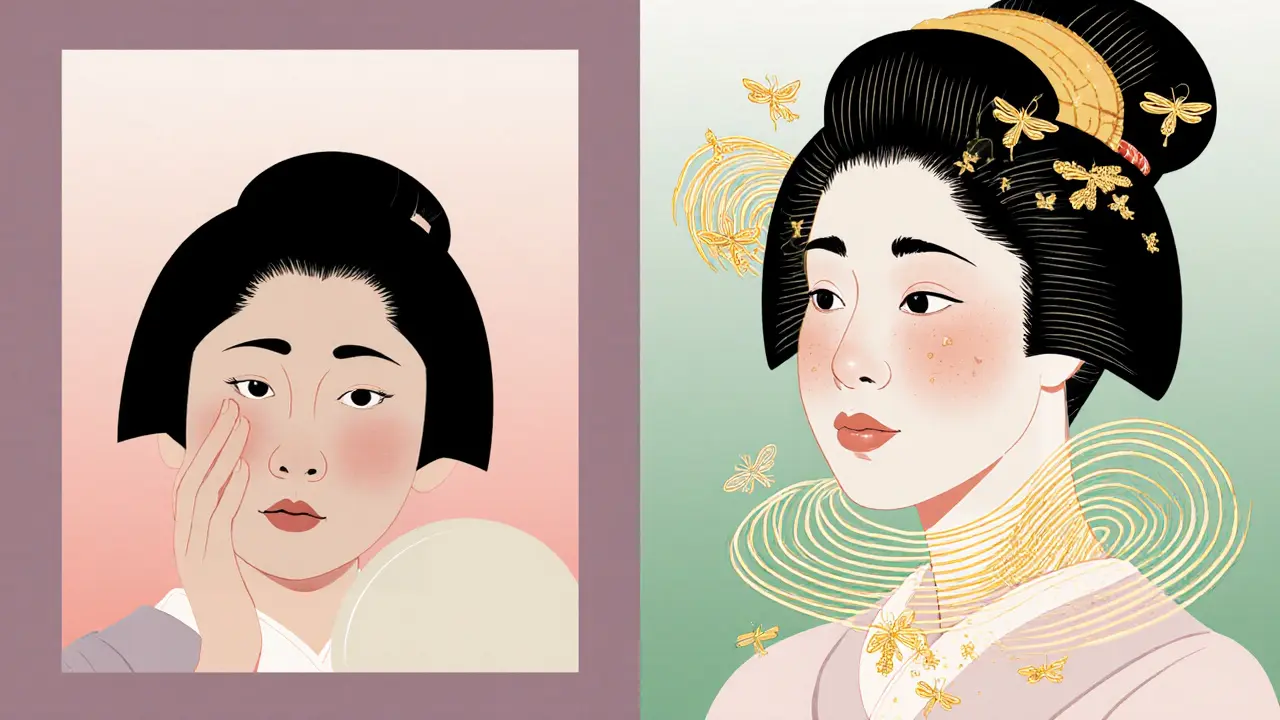 В укиё-э стиле: женщина до и после плазмолифтинга, кожа светится золотыми волокнами, вокруг — волны и бабочки.