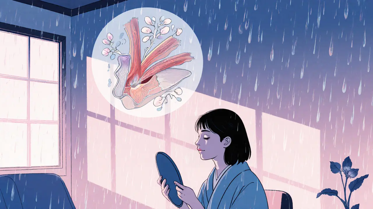 Женщина смотрит в зеркало, мышца носа превращается в лепестки, тихий клинический интерьер.