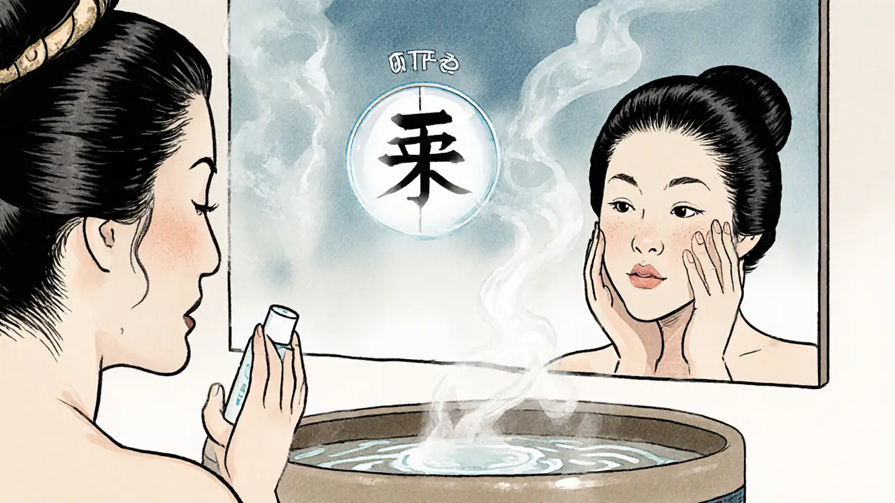 Женщина умывается мягким гелем, пар поднимается от воды, в отражении — символ pH.