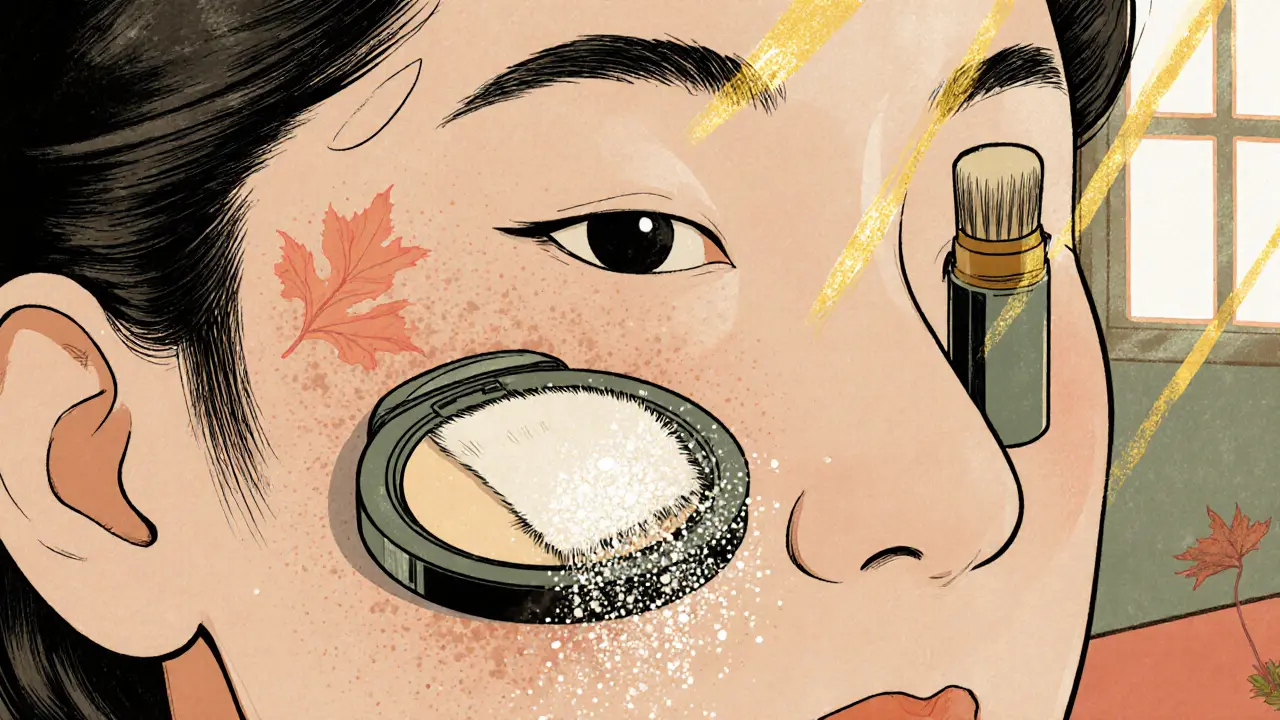 Аккуратное нанесение SPF-пудры кистью, частицы пудры подобны лепесткам, мягкий солнечный свет.