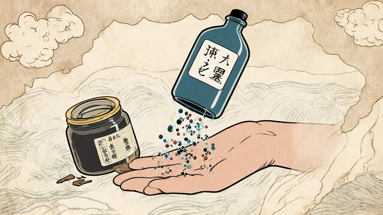 Бутылочка НУФ с молекулами, как традиционные японские волны, в контрасте с выброшенными косметическими средствами.