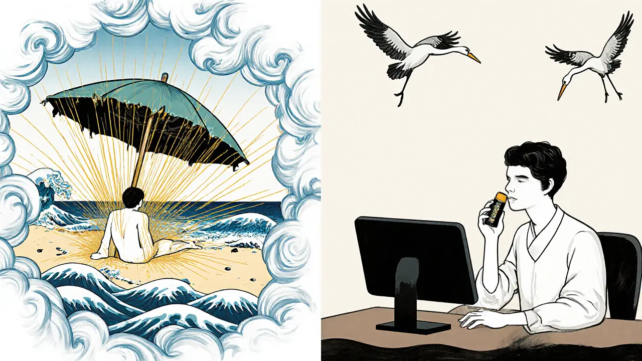 Два сцены: пляж и офис — сравнение рисков и защиты, символические журавли и волны в стиле укиё-э.