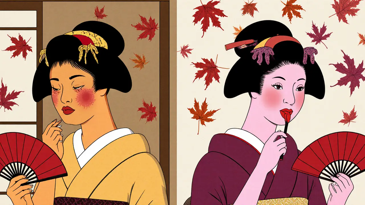 Две женщины с разными подтонами кожи наносят разные оттенки красной помады, в зеркалах отражаются листья разных цветов.