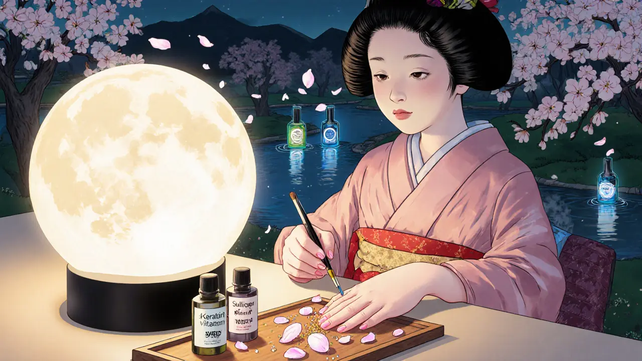 Мастер наносит топ-лак под луной, рядом — бутылочки с кератином и витаминами, цветы падают на ногти.