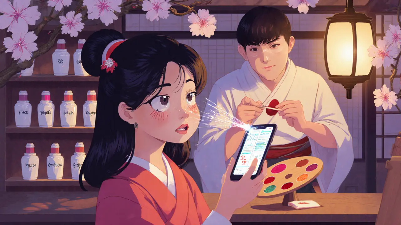 Салон красоты в стиле Эдо с технологией AI-анализа цвета кожи, женщина смотрит на смартфон, рядом — кисти и губные помады.