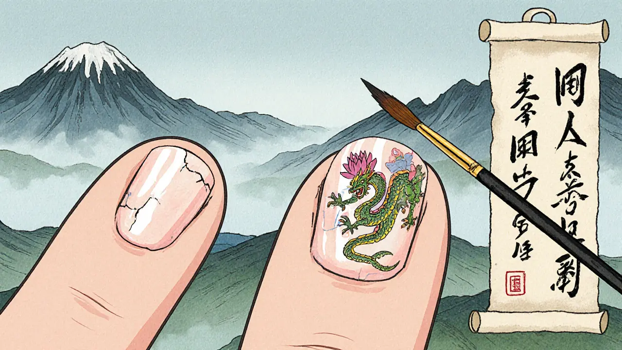 Сравнение треснувшего и здорового ногтя с традиционными японскими символами защиты.
