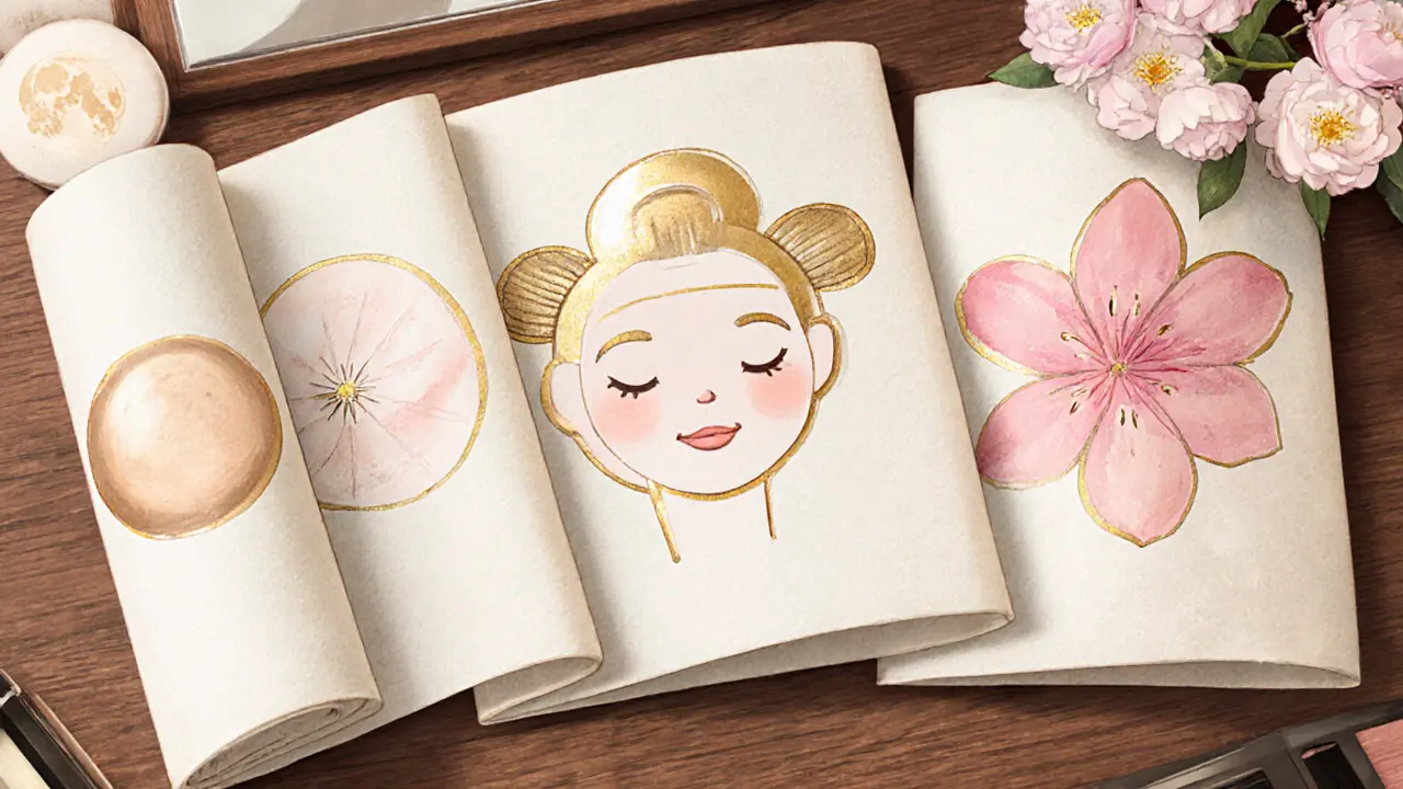 Три этапа макияжа изображены как раскрывающиеся свитки с символическими узорами и золотыми акцентами.