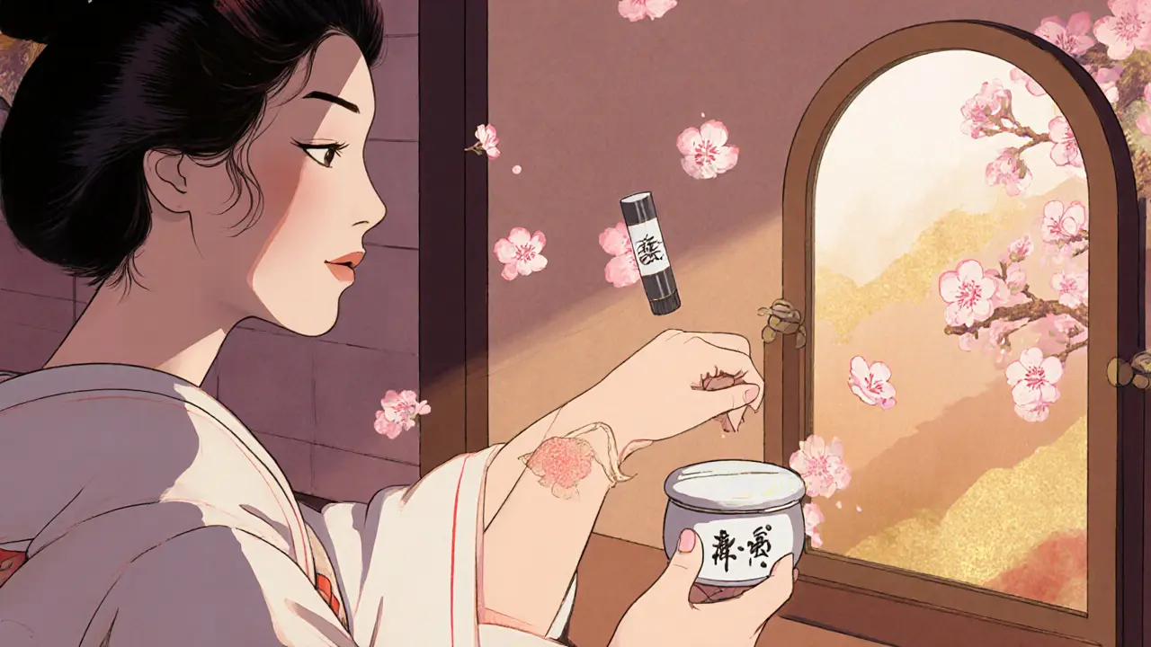 Женщина тестирует оттенок хайлайтера на запястье в традиционной комнате для ухода за кожей.