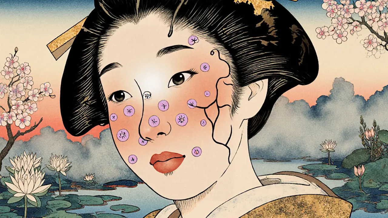 Женское лицо с сияющей кожей, где аминокислоты подобны цветам сакуры, восстанавливающим увлажнение.