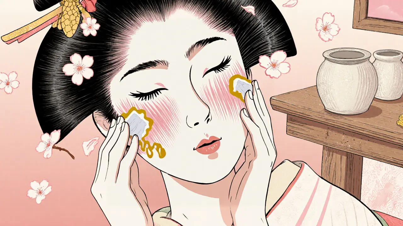 Руки массируют щеки по анатомическим линиям, лепестки сакуры парят в воздухе, крем проникает в кожу.