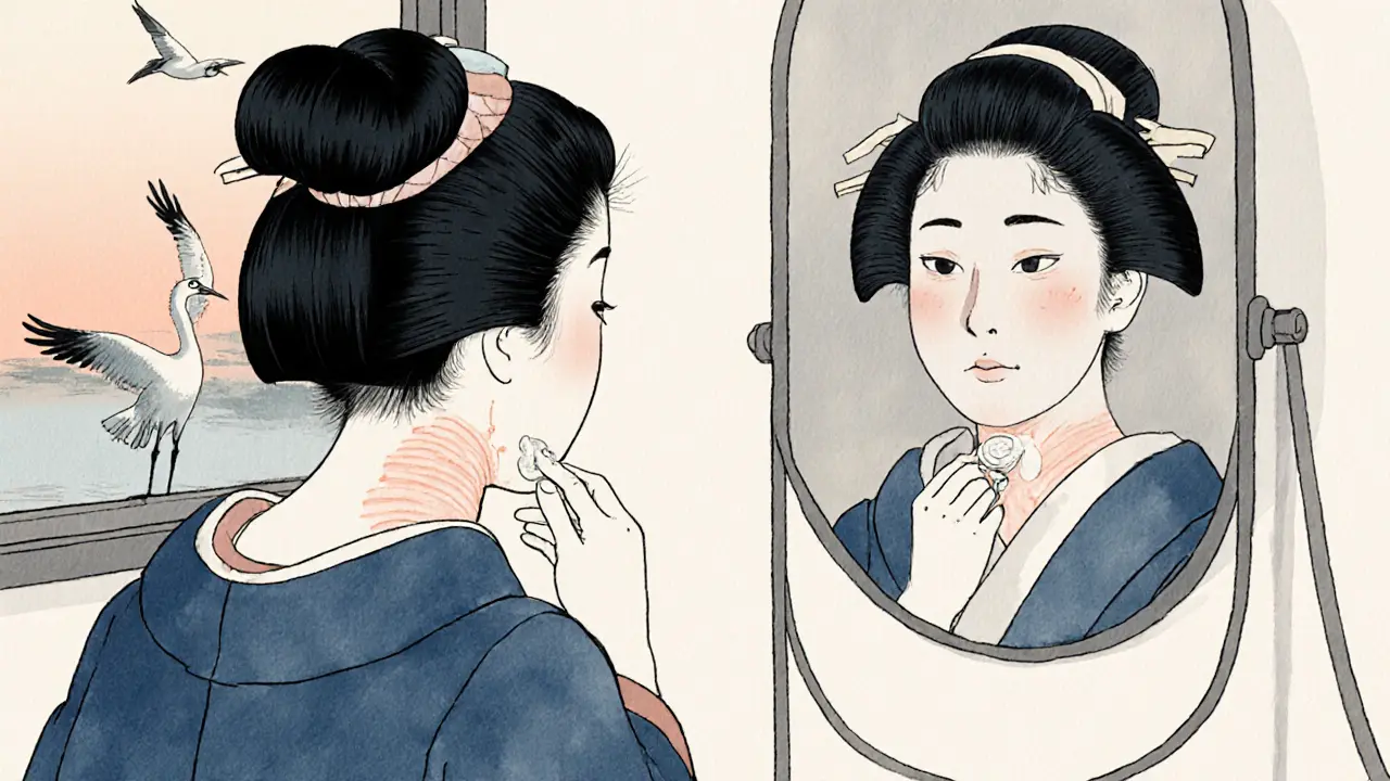 Женщина массирует шею восходящими движениями, в зеркале — более молодое отражение, журавль летит вдалеке.