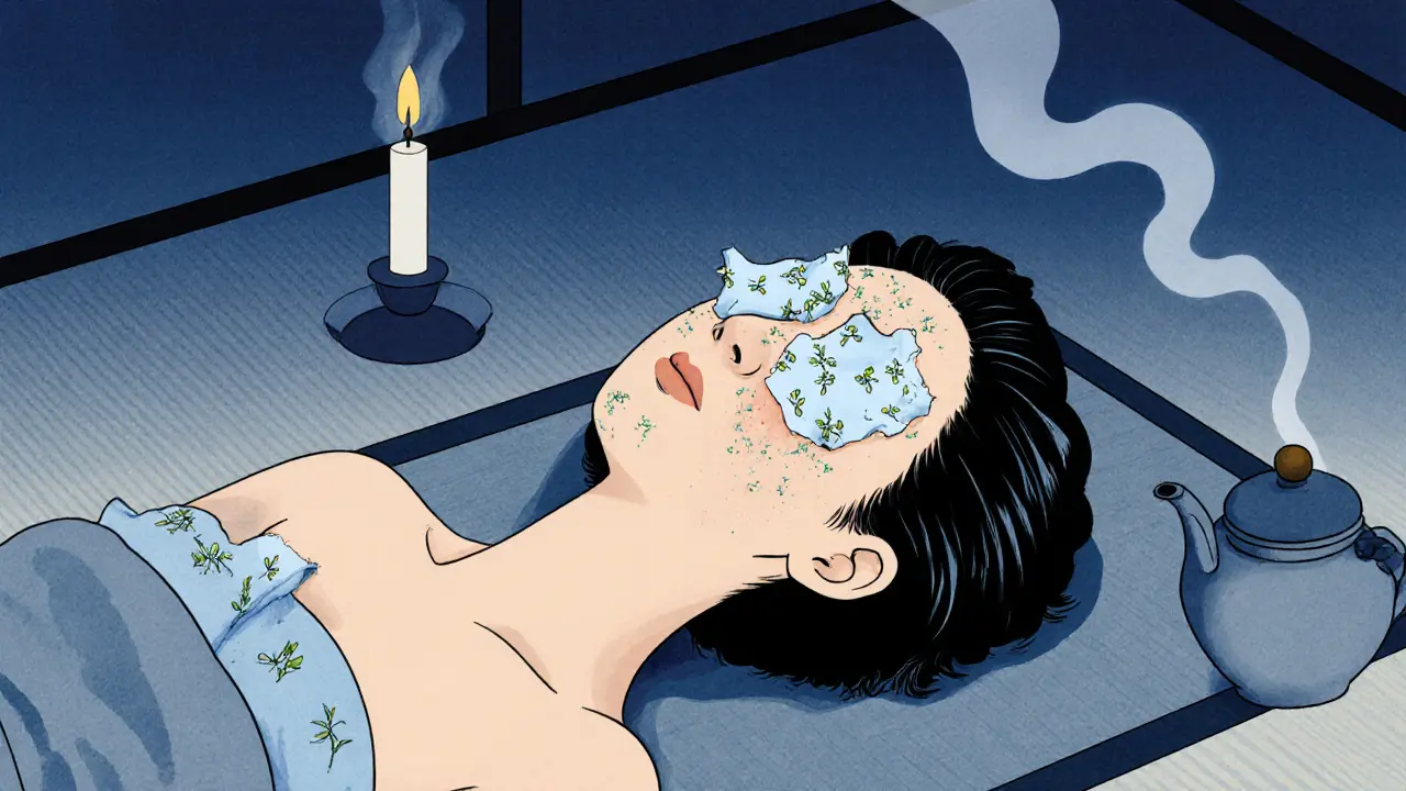 Женщина с прохладными компрессами на лице отдыхает после пилинга, кожа слегка шелушится.