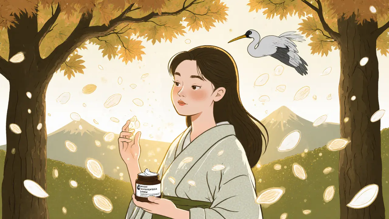 Женщина с сияющей кожей стоит под клёнами, символизируя восстановление после пилинга.