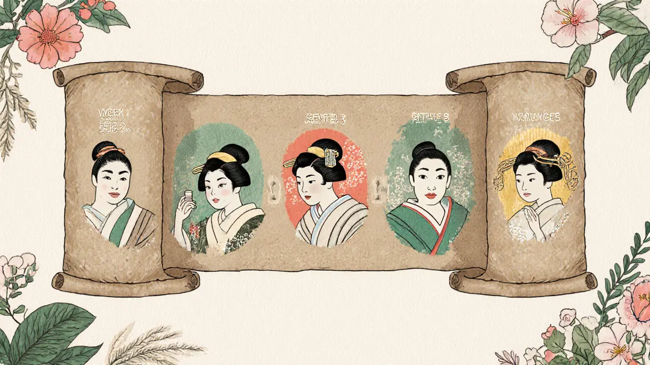 Четыре этапа ухода за кожей, изображённые как развертывающийся свиток с постепенным переходом от жирной к нормальной коже.