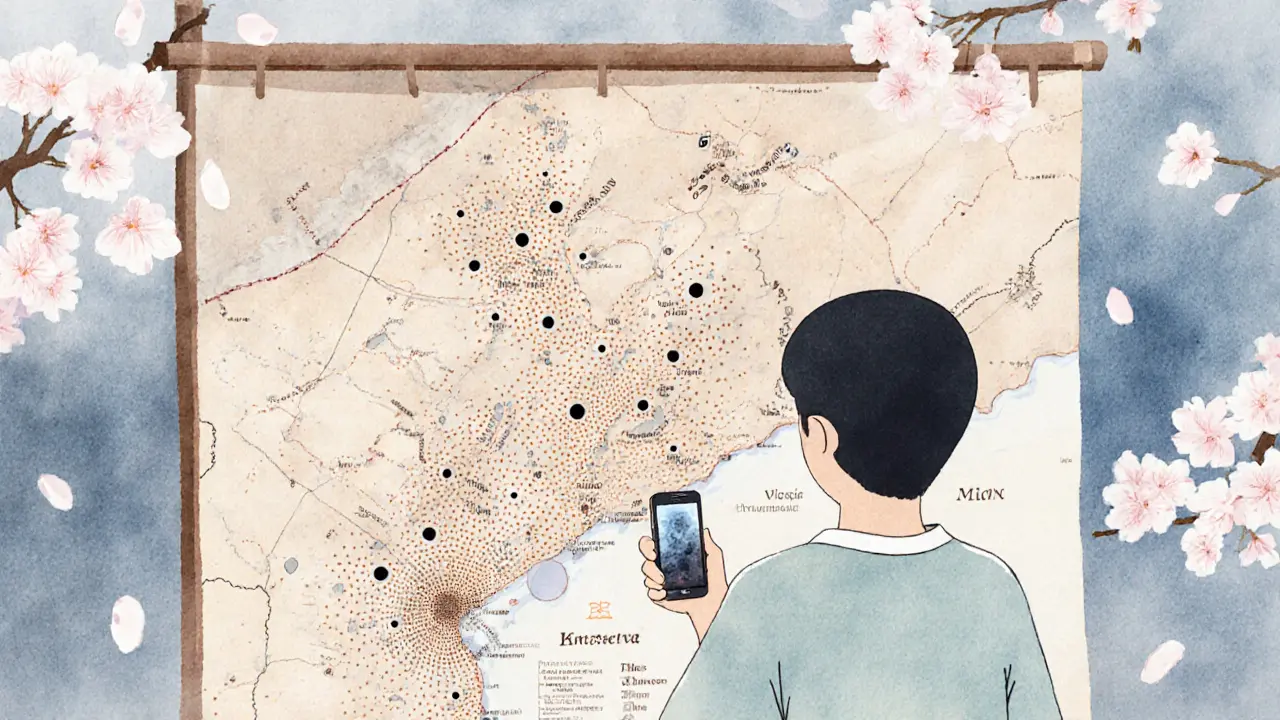 Карта тела с отметками родинок, как традиционный японский ландшафт.