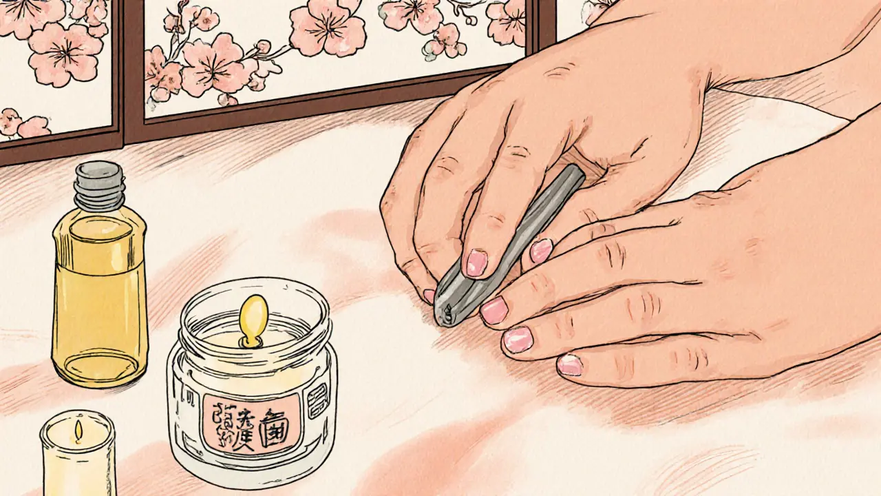 Рука аккуратно отодвигает кутикулу, инструменты на деревянном подносе.